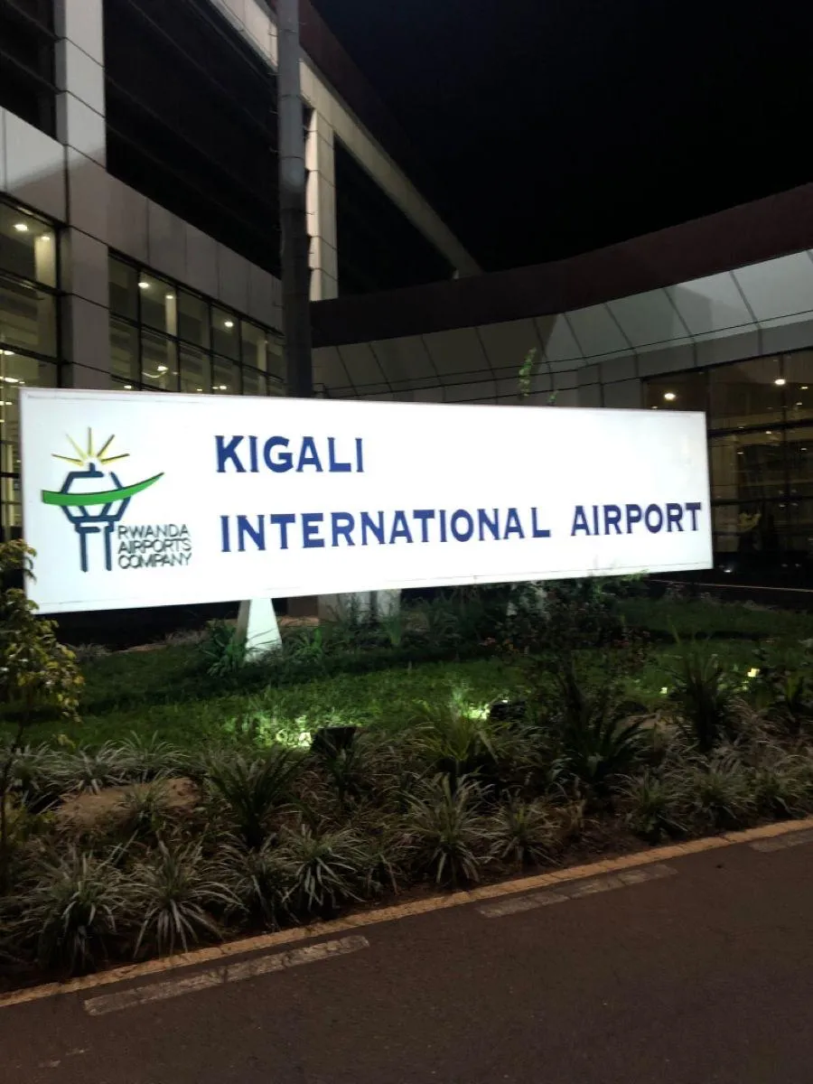 Kigali International Airport sign at night
