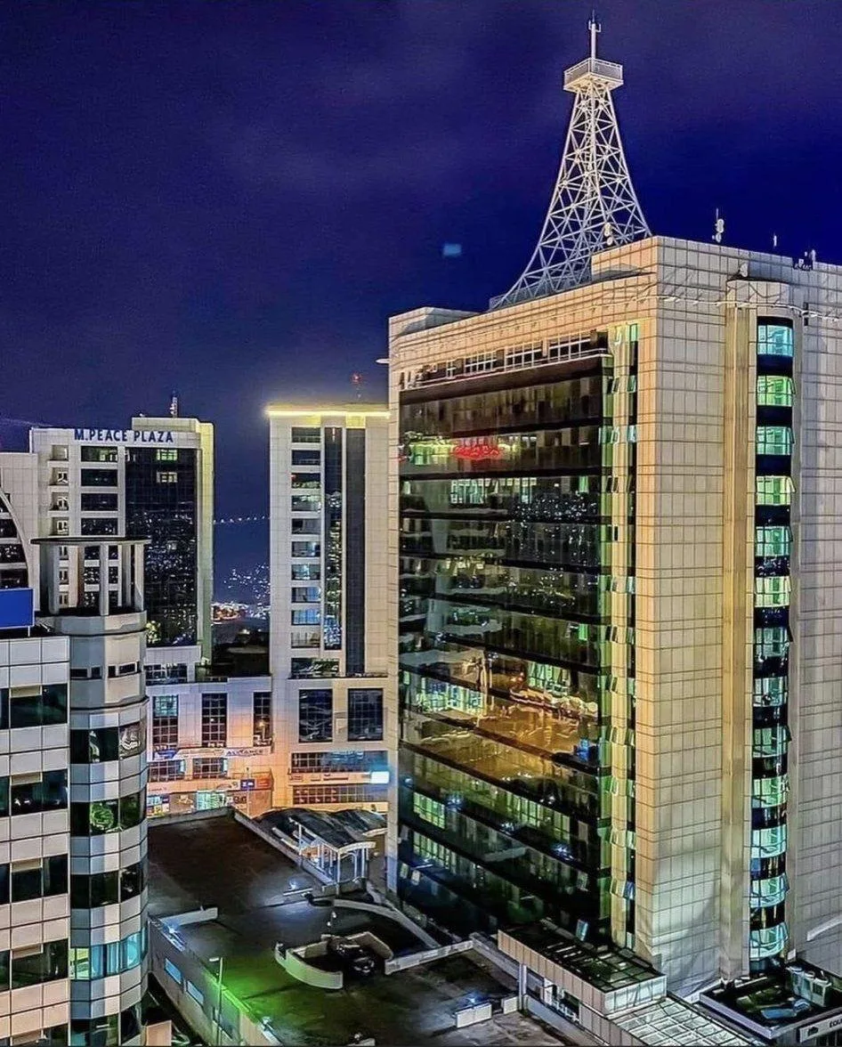 Kigali office buildings lit up at night