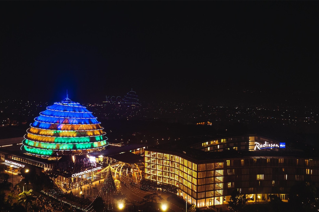 Radisson Blu Hotel and Convention Centre illuminated at night in Kigali
